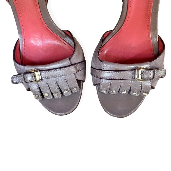 RARE JUDITH LEIBER VIOLET SUEDE & LEATHER JEWEL/FRINGE OPEN TOE HEELS, sz 10B - Picture 3 of 14